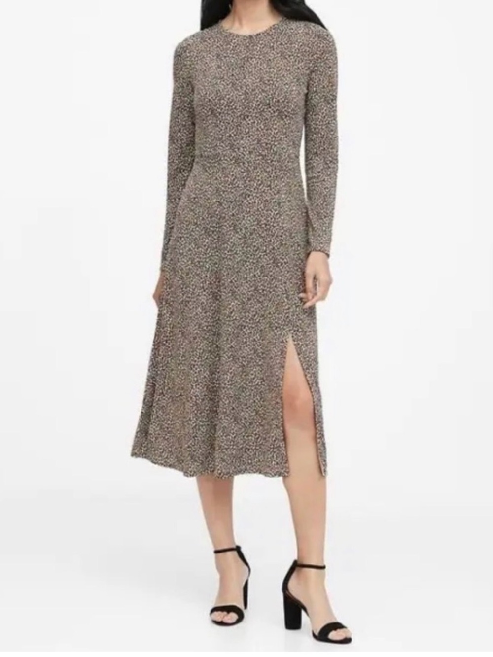 Banana Republic Brown Printed Long-Sleeve Midi Dress with Side Slit